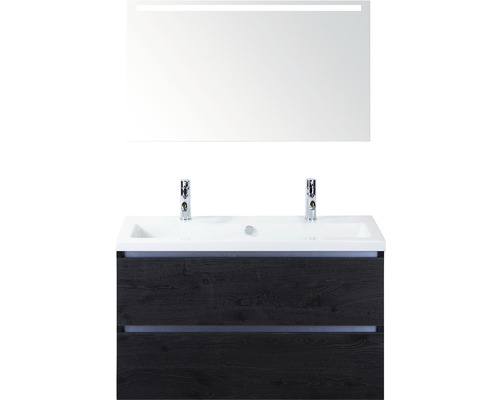 Koupelnový nábytkový set Sanox Vogue barva čela black oak ŠxVxH 101 x 170 x 41 cm s keramickým dvojitým umyvadlem a zrcadlem s LED osvětlením