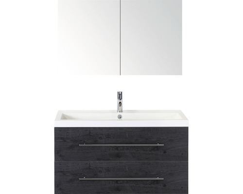 Koupelnový nábytkový set Sanox Straight barva čela black oak ŠxVxH 100 x 170 x 40 cm s umyvadlem z minerální litiny a zrcadlovou skříňkou