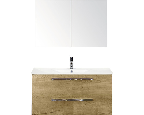 Koupelnový nábytkový set Sanox Seville barva čela dub přírodní ŠxVxH 101 x 170 x 46 cm s keramickým umyvadlem a zrcadlovou skříňkou