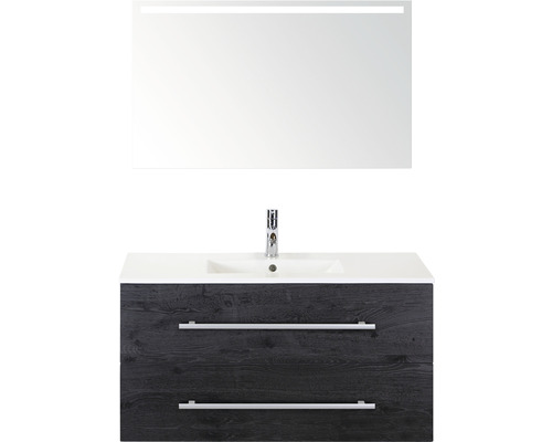 Koupelnový nábytkový set Sanox Stretto barva čela black oak ŠxVxH 101 x 170 x 39 cm s keramickým umyvadlem a zrcadlem s LED osvětlením