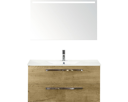 Koupelnový nábytkový set Sanox Seville barva čela dub přírodní ŠxVxH 101 x 170 x 46 cm s keramickým umyvadlem a zrcadlem s LED osvětlením