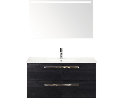 Koupelnový nábytkový set Sanox Seville barva čela black oak ŠxVxH 101 x 170 x 46 cm s keramickým umyvadlem a zrcadlem s LED osvětlením