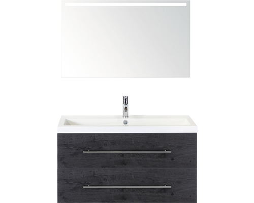 Koupelnový nábytkový set Sanox Straight barva čela black oak ŠxVxH 100 x 170 x 40 cm s umyvadlem z minerální litiny a zrcadlem s LED osvětlením