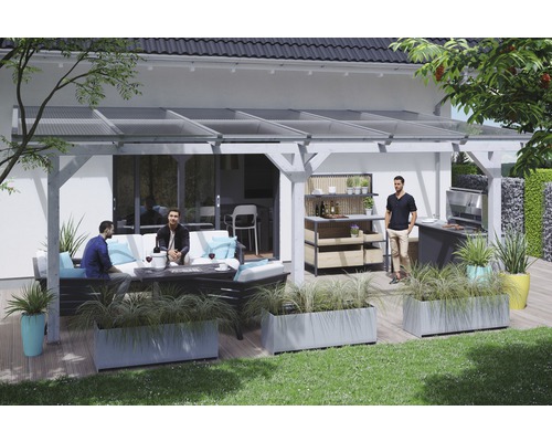 Zastřešení terasy SKAN HOLZ Andria 648 x 250 cm, bílé předupravené lamelové dřevo Terasa se střechou, posezením, grilem a truhlíky na květiny