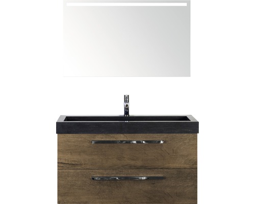 Koupelnový nábytkový set Sanox Seville barva čela dub tmavý ŠxVxH 101 x 170 x 45,5 cm s umyvadlem z přírodního kamene a zrcadlem s LED osvětlením