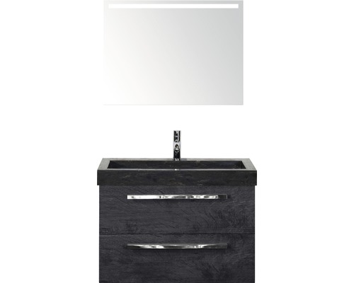 Koupelnový nábytkový set Sanox Seville barva čela černý dub ŠxVxH 81 x 170 x 45,5 cm s umyvadlem z přírodního kamene a zrcadlem s LED osvětlením