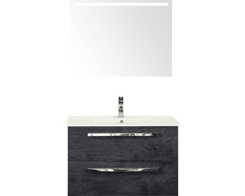 Koupelnový nábytkový set Sanox Seville barva čela black oak ŠxVxH 81 x 170 x 46 cm s keramickým umyvadlem a zrcadlem s LED osvětlením