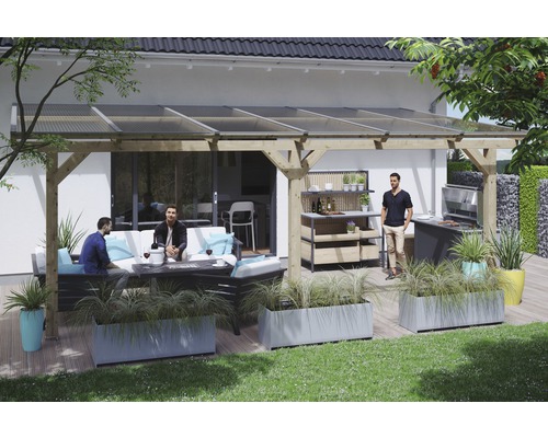 Zastřešení terasy SKAN HOLZ Andria 648 x 400 cm, neošetřené lepené lamelové dřevo Zastřešená terasa s posezením, grilem a osázením