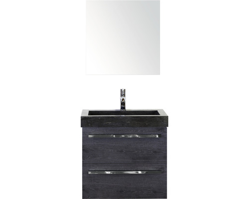 Koupelnový nábytkový set Sanox Seville barva čela black oak ŠxVxH 61 x 170 x 45,5 cm s umyvadlem z přírodního kamene a zrcadlovou skříňkou