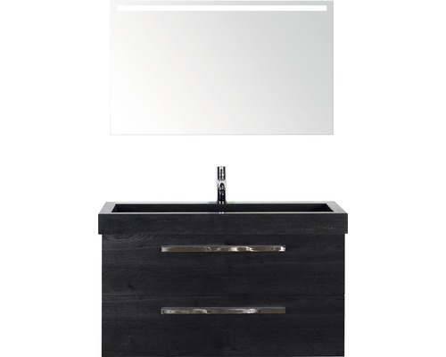 Koupelnový nábytkový set Sanox Seville barva čela černý dub ŠxVxH 101 x 170 x 45,5 cm s umyvadlem z přírodního kamene a zrcadlem s LED osvětlením