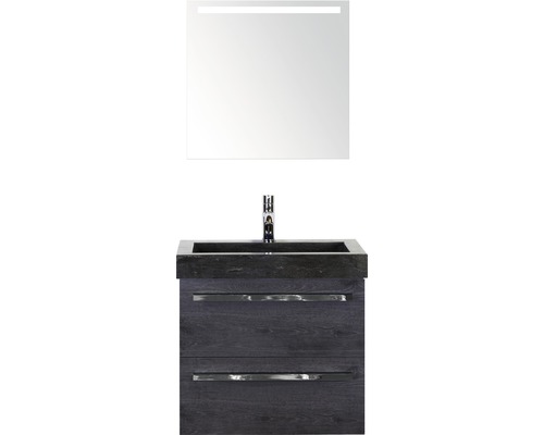 Koupelnový nábytkový set Sanox Seville barva čela černý dub ŠxVxH 61 x 170 x 45,5 cm s umyvadlem z přírodního kamene a zrcadlem s LED osvětlením