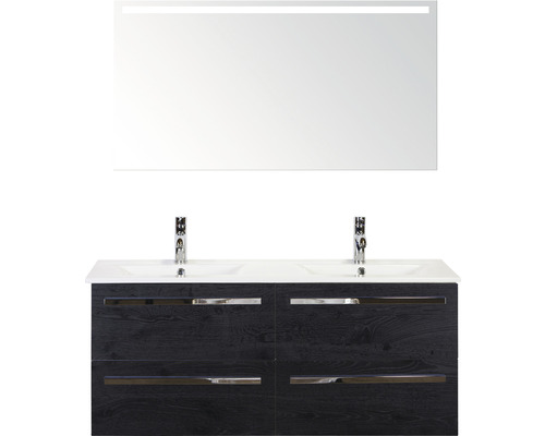 Koupelnový nábytkový set Sanox Seville barva čela black oak ŠxVxH 121 x 170 x 46 cm s keramickým dvojitým umyvadlem a zrcadlem s LED osvětlením