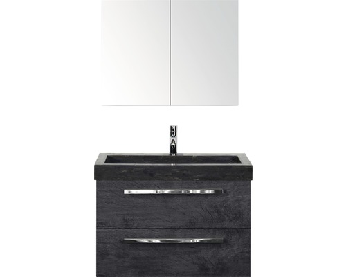 Koupelnový nábytkový set Sanox Seville barva čela black oak ŠxVxH 81 x 170 x 45,5 cm s umyvadlem z přírodního kamene a zrcadlovou skříňkou