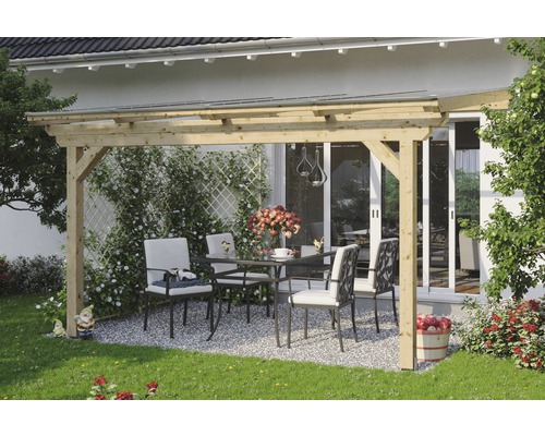 Zastřešení terasy SKAN HOLZ Ancona 434 x 350 cm, neošetřené laminované dřevo Zastřešená dřevěná pergola se zahradním stolem a židlemi na štěrkovém povrchu