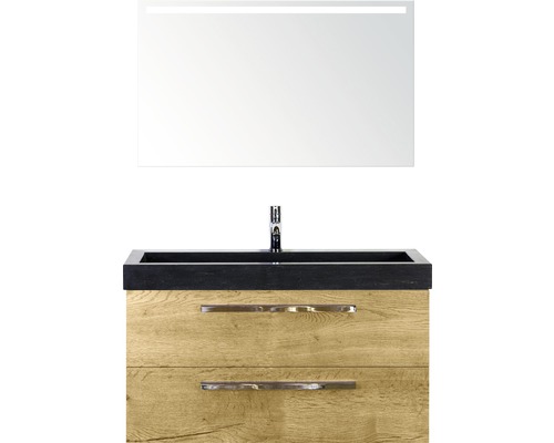 Koupelnový nábytkový set Sanox Seville barva čela dub ŠxVxH 101 x 170 x 45,5 cm s umyvadlem z přírodního kamene a zrcadlem s LED osvětlením