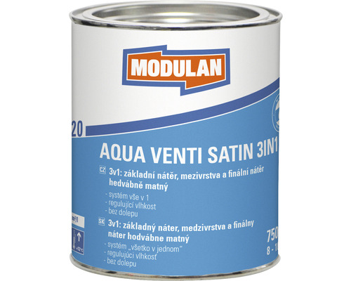 Barevný lak Modulan Aqua Venti Satin 3in1 hedvábně matný RAL9016 Dopravní bílá 0,75 l