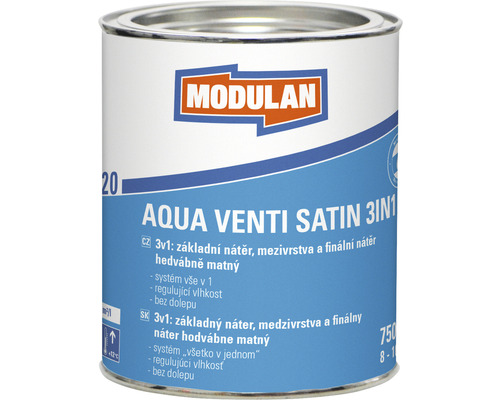 Barevný lak Modulan Aqua Venti Satin 3in1 hedvábně matný RAL9010 Bílá 0,75 l