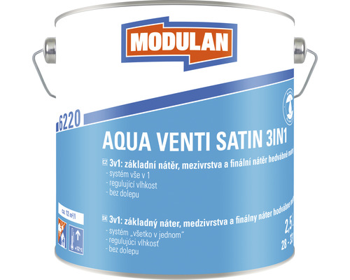Barevný lak Modulan Aqua Venti Satin 3in1 hedvábně matný RAL9016 Dopravní bílá 2,5 l