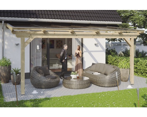 Zastřešení terasy SKAN HOLZ Ancona 541 x 400 cm, neošetřené laminované dřevo Terasa s dřevěným zastřešením a zahradním nábytkem