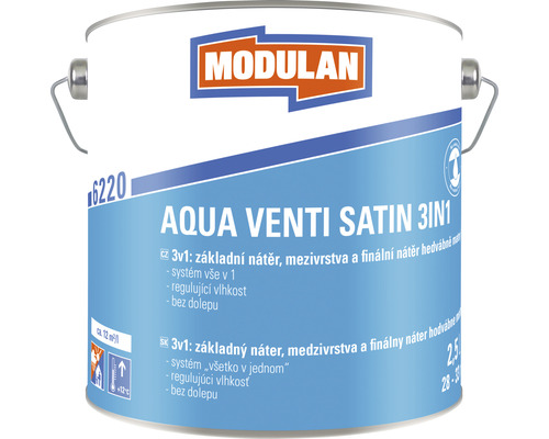 Barevný lak Modulan Aqua Venti Satin 3in1 hedvábně matný RAL9010 Bílá 2,5 l