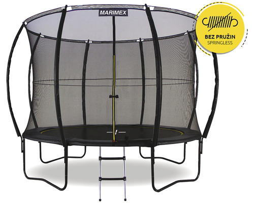 Černá zahradní trampolína se sítí a žebříkem