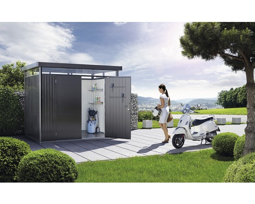 Plechový zahradní domek Biohort HighLine H4 dvoukřídlé dveře 254 x 254 cm tmavě šedý metalický