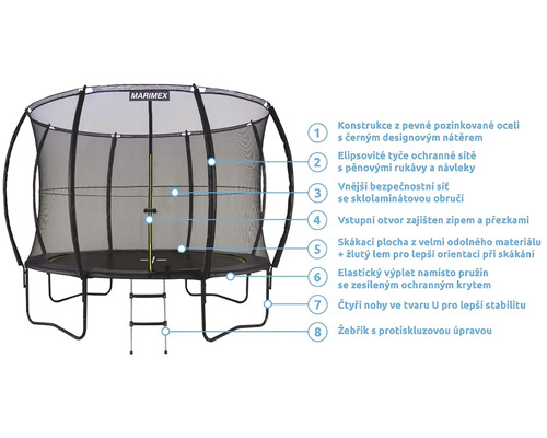 Trampolína s ochrannou sítí a žebříkem