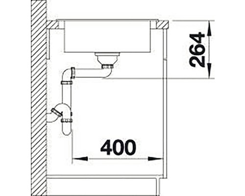 Technický nákres dřezu s rozměry a sifonem