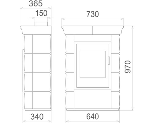 Technický nákres krbových kamen s rozměry