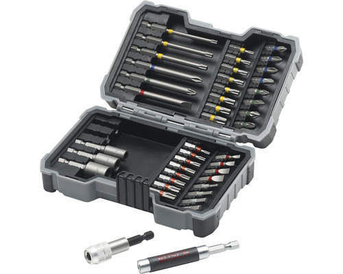 Sada bitů s různými šroubovacími bity a držáky bitů v šedém plastovém kufříku