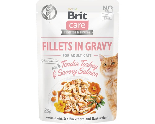Kapsička pro kočky Brit Care Cat Turkey & Savory Salmon 85 g Brit Care krmivo pro kočky Filety v omáčce s jemným krůtím a lahodným lososem, 85 gramů