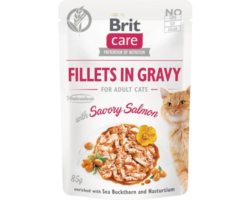 Kapsička pro kočky Brit Care Cat Savory Salmon 85 g Brit Care krmivo pro kočky Filety v omáčce s lososem pro dospělé kočky, 85 g