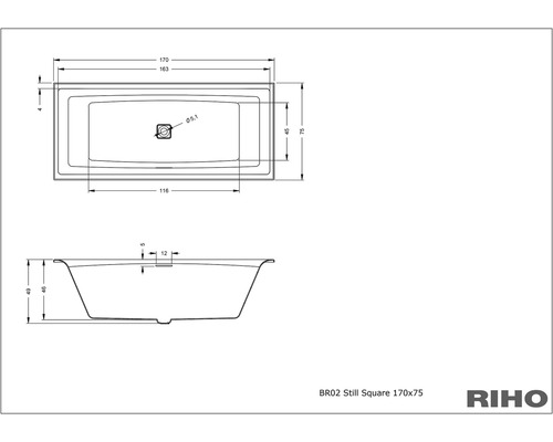 Technický výkres vany s rozměry 170x75 cm