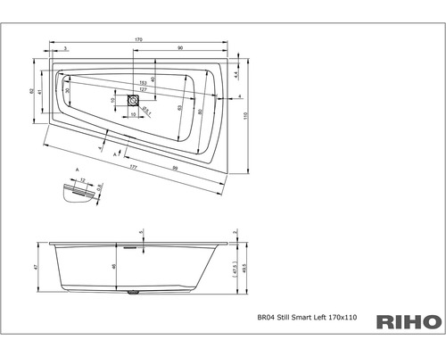 Technický výkres vany Riho Still Smart levá 170x110