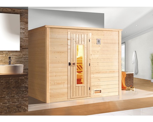 Sauna z masivního dřeva Weka Bergen vel.3 vč. 7,5kW kamen a digitálního ovládání se dřevěnými dveřmi a tepelně izolačním sklem