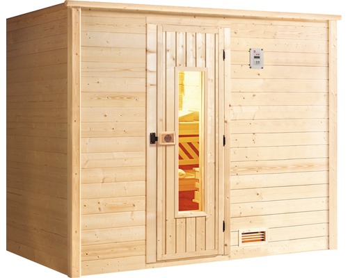 Dřevěná sauna s prosklenými dveřmi a ovládacím prvkem