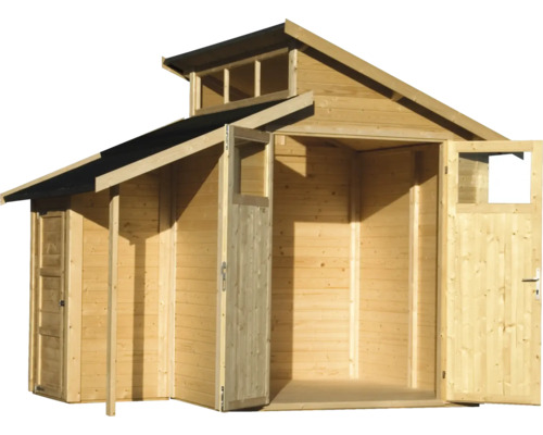 Dřevěný zahradní domek s dvoukřídlými dveřmi a světlíkem