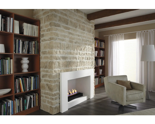 Obývací pokoj s krbem, knihovnami a křeslem