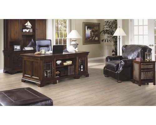 Kancelář se stolem, knihovnou, křeslem a otomanskou v světlé místnosti.