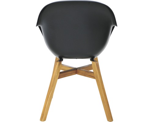 Pohled zezadu na černou židli s dřevěnýma nohama.