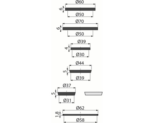 Technický nákres těsnicích kroužků s rozměry