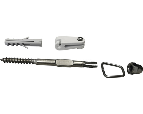 Upevňovací materiál sestávající z hmoždinky, závěsu, šroubu, háku a matice