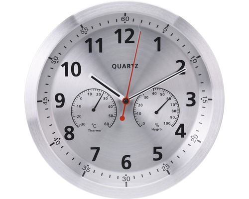 Nástěnné hodiny stříbrné s hygro teploměrem Ø 35 cm