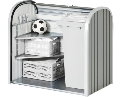 Box na popelnice s policemi, přepravkami a fotbalovým míčem