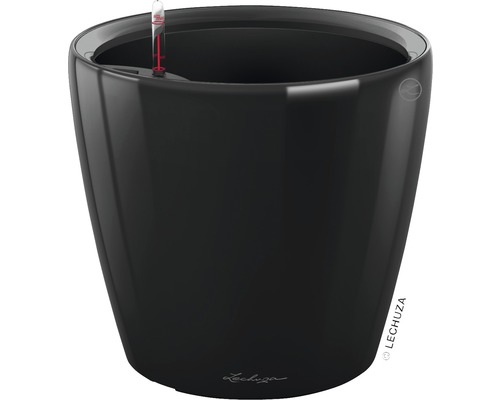 Černý květináč s ukazatelem hladiny vody