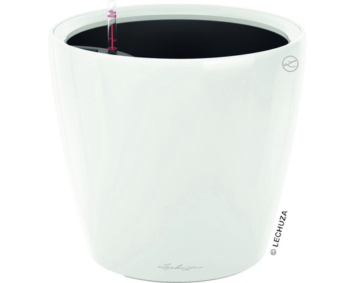 Bílý květináč s ukazatelem hladiny vody