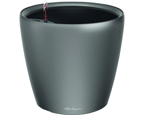 Šedý květináč s ukazatelem hladiny vody