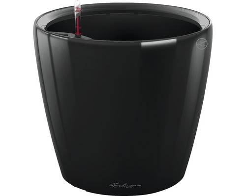 Černý květináč s ukazatelem hladiny vody