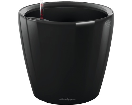 Černý květináč s ukazatelem hladiny vody