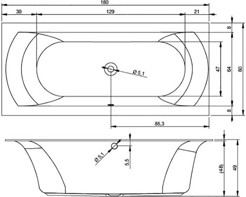 Technický výkres vany s rozměry